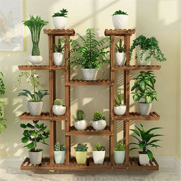 UNHO Multi-Tier Plant Stand, 46in Height Wood Flower Rack Holder 16 Potted Display Storage Shelves