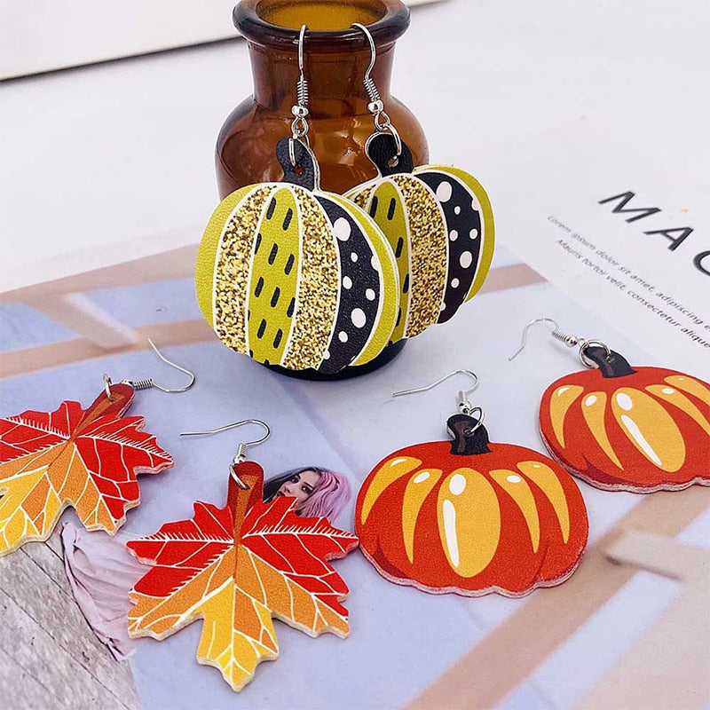 Pumpkin Maple Leather Earrings Vintage Teardrop Earrings