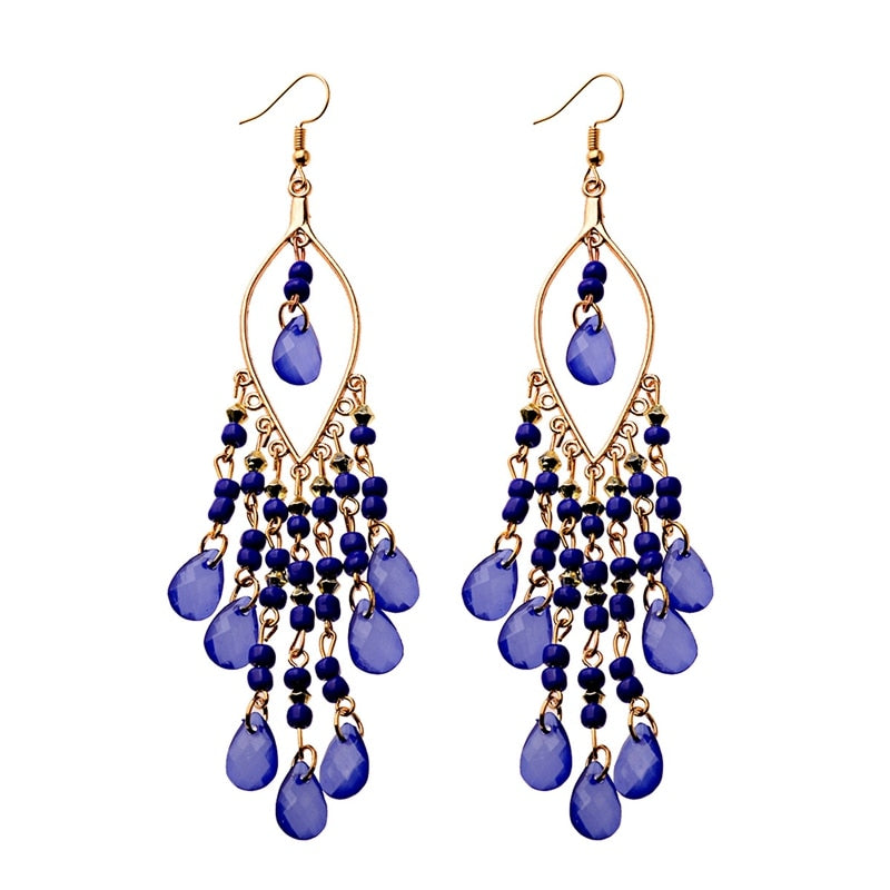 Classic Trendy Blue Crystal Long Tassel Dangle Earrings