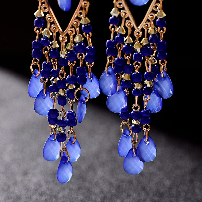 Classic Trendy Blue Crystal Long Tassel Dangle Earrings