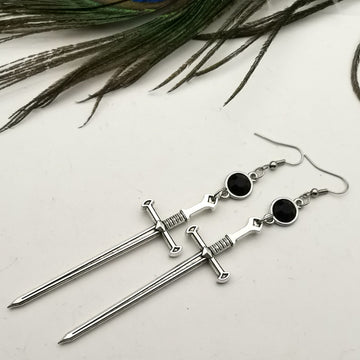 Black Crystal Sword Earrings, Extra Long