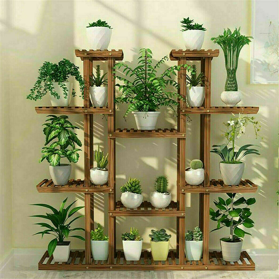 UNHO Multi-Tier Plant Stand, 46in Height Wood Flower Rack Holder 16 Potted Display Storage Shelves