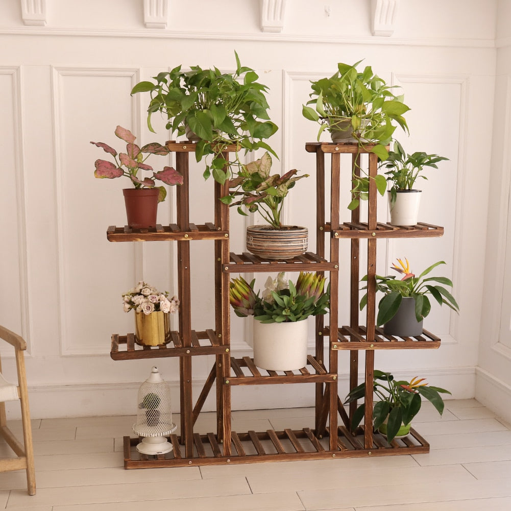 UNHO Multi-Tier Plant Stand, 46in Height Wood Flower Rack Holder 16 Potted Display Storage Shelves