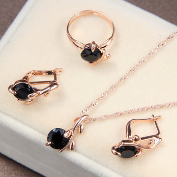 High Quality Black CZ Crystal Necklace, Earring, Ring 3 Set Gold Color Pendant Jewelry Set